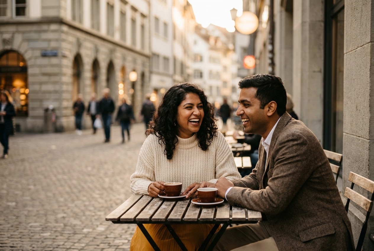 A South Asian couple sharing a warm laugh at an outdoor cafe in a European old town at golden hour