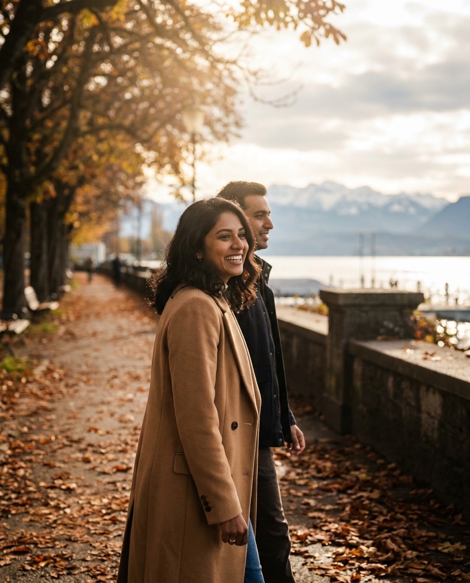 A South Asian woman and her partner walking and smiling along the Zurich lakeshore in autumn